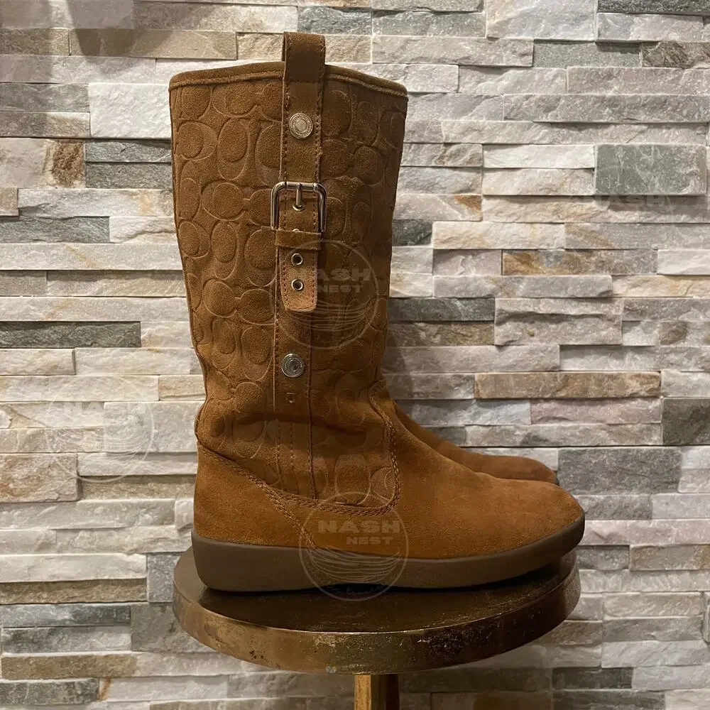 Coach Tulip Tullip Boots 8.5 | Honey Tan Suede Leather Fur, Signature C Embossed